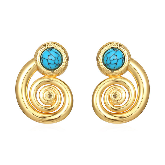 18K Gold Stainless Steel Spiral Hoop Natural Stone Earrings French Retro Style