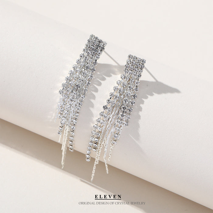 Geometric Rhinestone Tassel Earrings - Exaggerated Long Dangles for Evening Wear