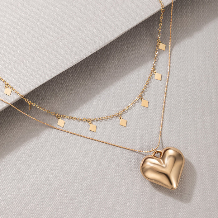 Alloy Heart Pendant Double-Layer Necklace - Geometric Rhombus Round Piece Multilayer Choker