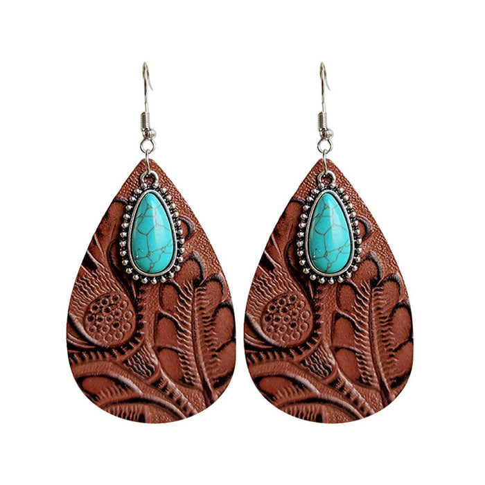 Bohemian Cowhide Leather Earrings with Bullhead and Turquoise Design