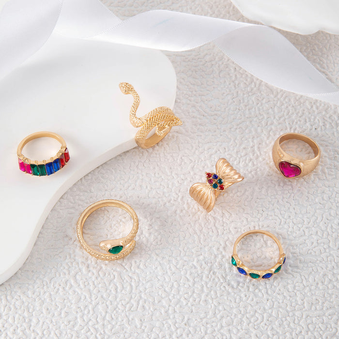 Creative Snake Heart Gemstone Ring Set - 6pcs Colorful Crystal Rings