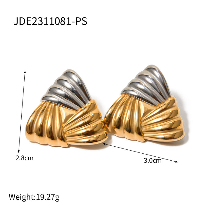 18K Gold Plated Stainless Steel Striped Trapezoid Earrings - Unique Titanium Steel Design