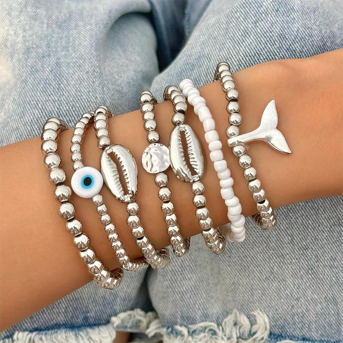 Ocean Bead Shell Bracelet with Fish Tail and Eye Charms - Five-Piece Set