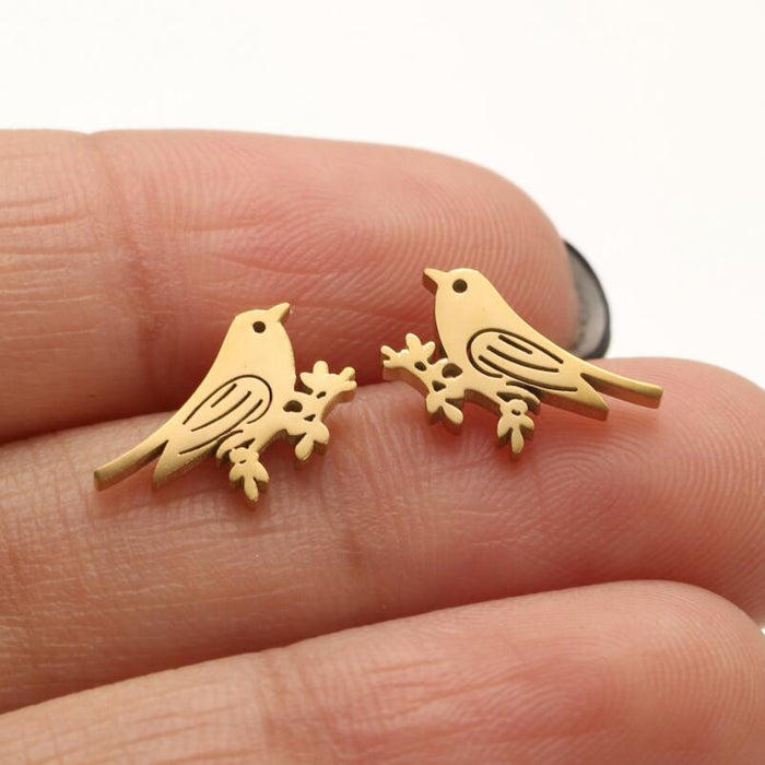 Spring Bird and Flower Stainless Steel Stud Earrings - Fresh and Elegant 18K Gold Plated Jewelry