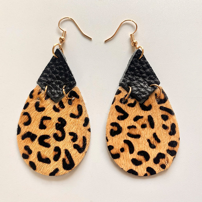 Dark Leopard Patchwork Leather Earrings with Creative Geometric Design