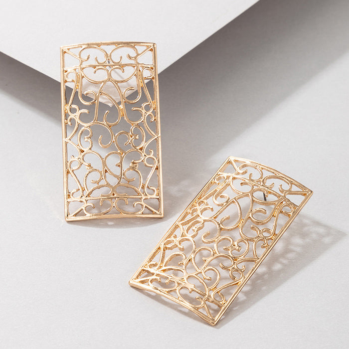 Rectangular hollow carved earrings gold temperament earrings