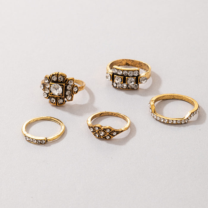 Alloy diamond geometric flower 5-piece retro ring set