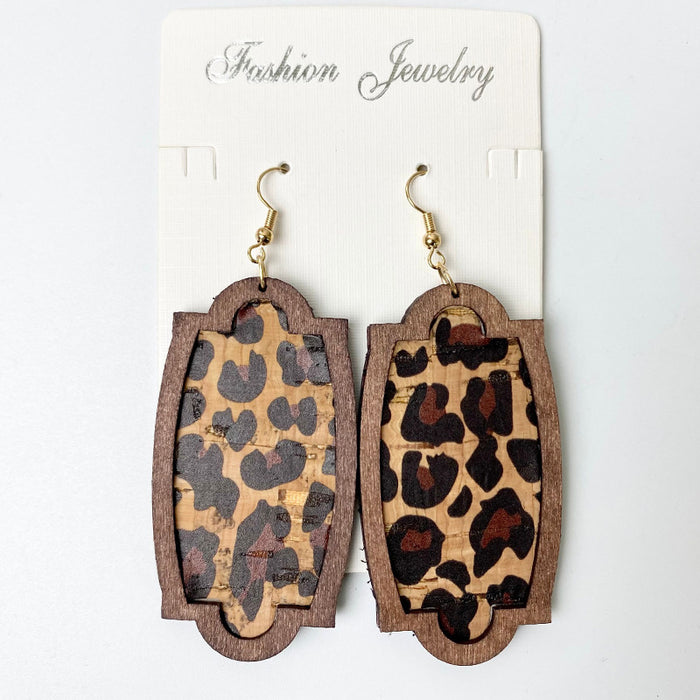 Wooden Leopard Print Earrings - Geometric Colorful Leather