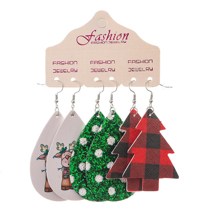 Christmas PU Leather Earring Set with Snowflake, Sunflower, and Horseshoe Design