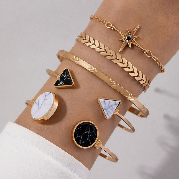 Marble Heart and Geometric Bracelet Set - Fashionable Multi-Layer Jewelry