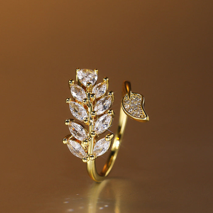 Leaf zircon ring atmospheric opening adjustable women's jewelry