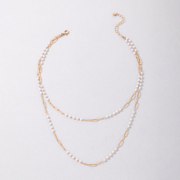 Pearl Beaded Double-Layer Necklace - Alloy Geometric Multilayer Choker