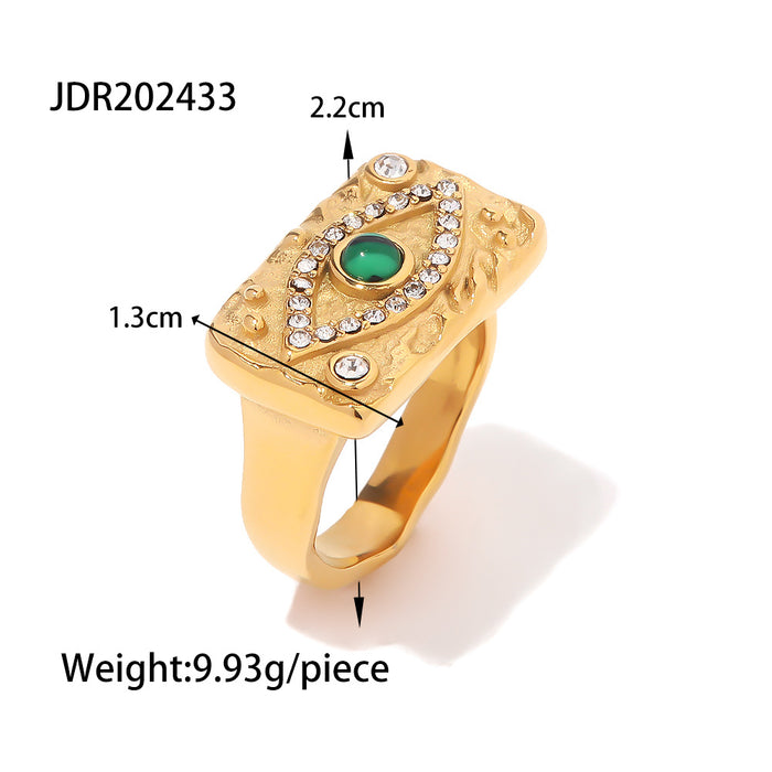 18K Gold French-Style Green Malachite Devil's Eye Ring with Zircon