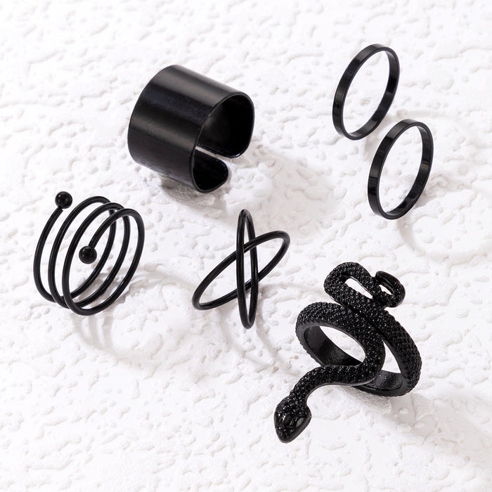 Geometric snake cross ring, multi-piece set black simple plain aperture six-piece set