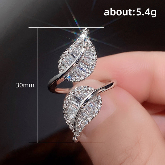 Leaf-shaped open ring, fully inlaid with zircon leaf ring, cross-border hot-selling jewelry