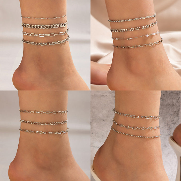 Crystal Beaded Triple-Layer Anklet with Geometric Chain Design