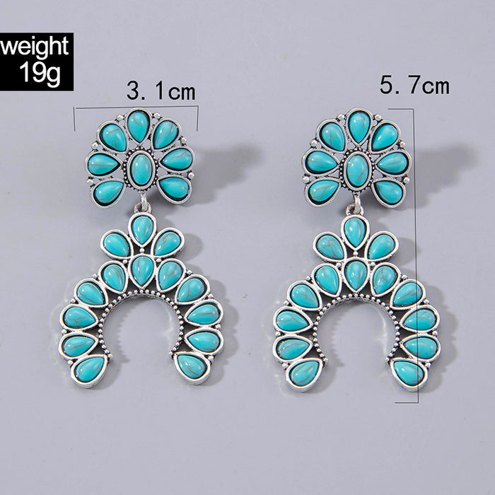 Turquoise earrings vintage fan-shaped hollow earrings