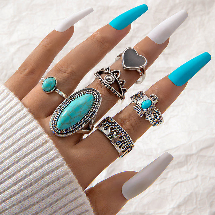 Vintage Turquoise Heart Ring Set - 6pcs Stylish Exaggerated Rings