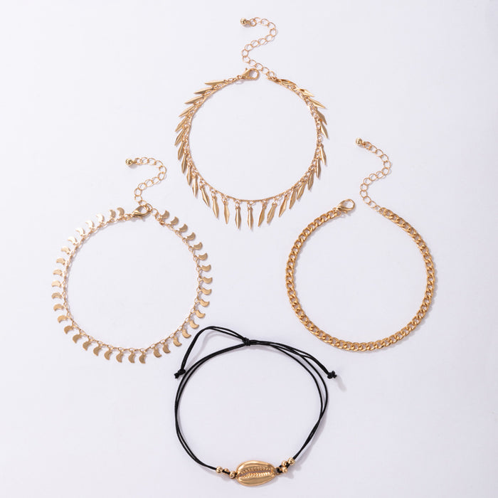 Bohemian Shell and Crescent Tassel Multi-Layer Anklet Set