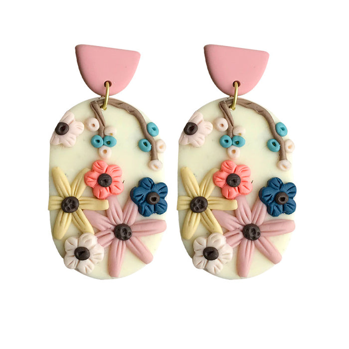 Elegant Geometric Floral Clay Earrings - Handcrafted with Delicate Detailing