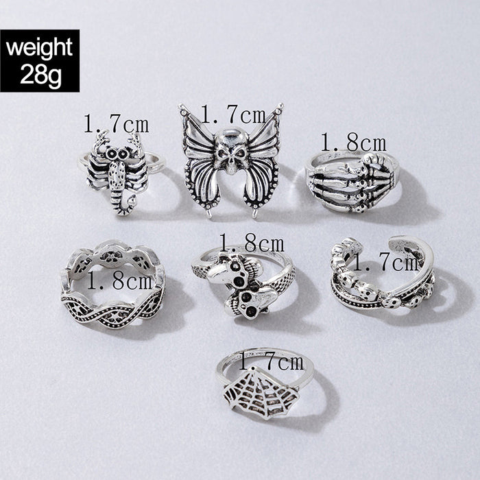 Vintage Layered Ring Set - 7-Piece Butterfly and Skull Rings