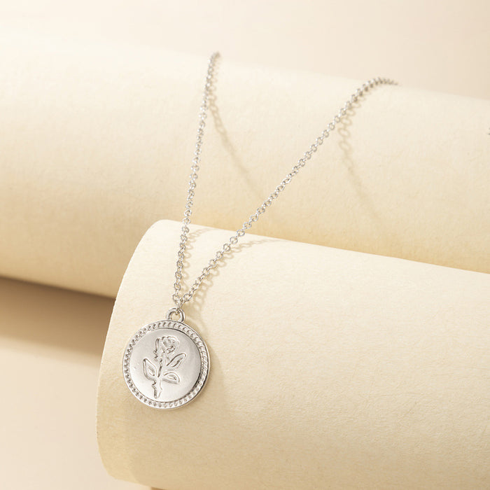 Rose Round Disc Pendant Necklace with Geometric Round Pendant Design