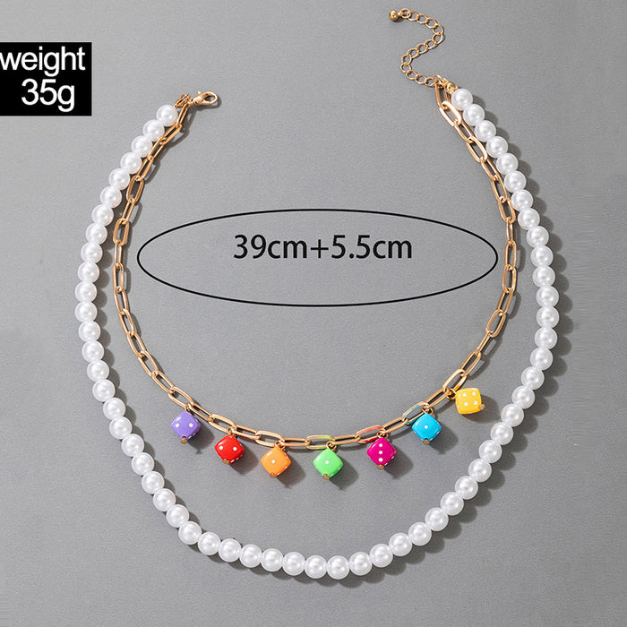 Colorful Resin Dice Multi-Layer Necklace with Chain Pearl Bead Two-Layer Clavicle Chain