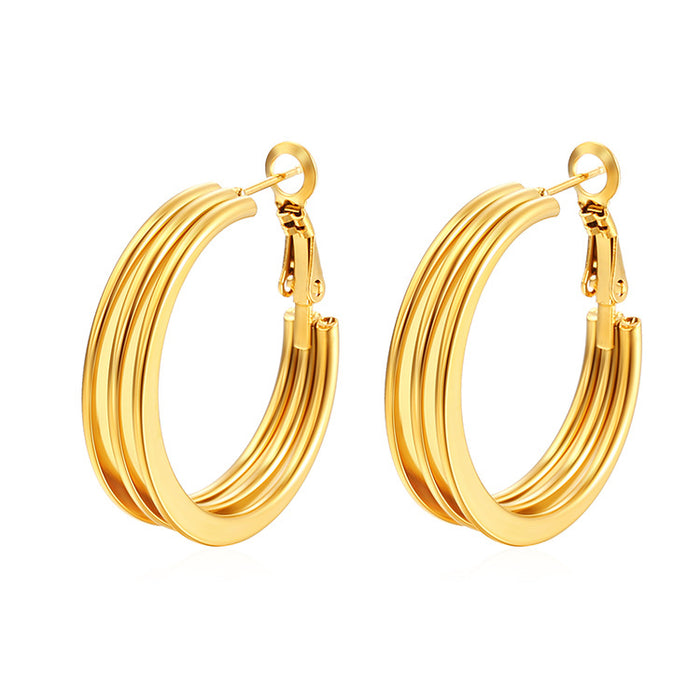 Retro style multi-layer round stainless steel earrings, electroplated 18K women's trendy earrings