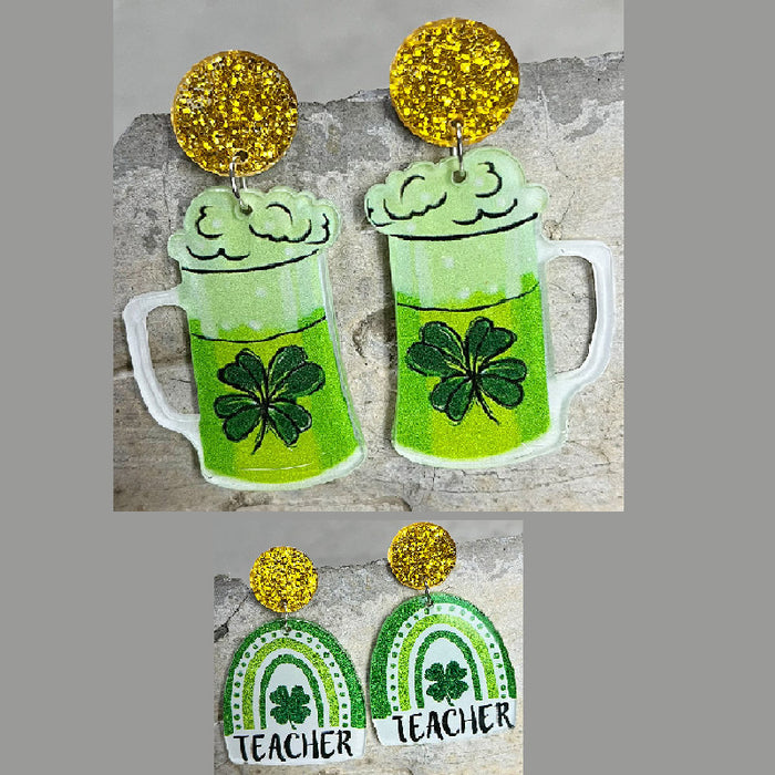 St. Patrick's Day Earrings with Shiny Clover, Beer, and Rainbow Designs