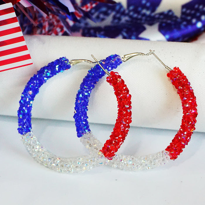 Independence Day Hoop Earrings with Sparkling Rhinestones in Patriotic Colors