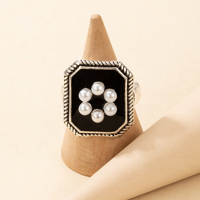 French court style black glaze pearl flower ring