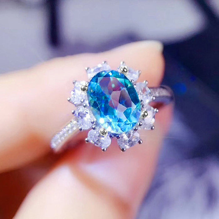 Colored Gemstone Series Ring Sea Blue Zircon Women's Ring Fashionable Tik Tok Live Broadcasting Model