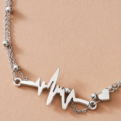 Heartbeat Metal Double Layer Anklet with Irregular Bead Silver Multi-Layer Chain