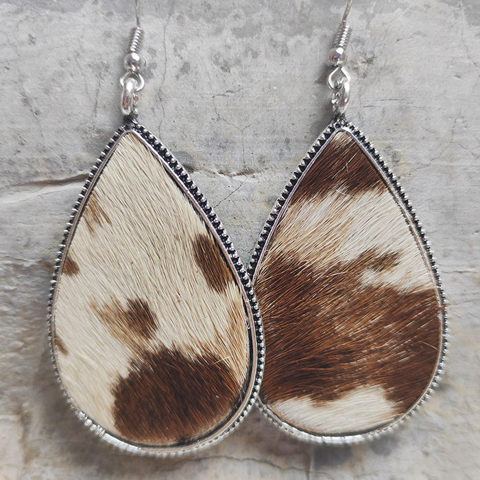 Textured Cowhide Leather Earrings with Leopard Print and Western Style