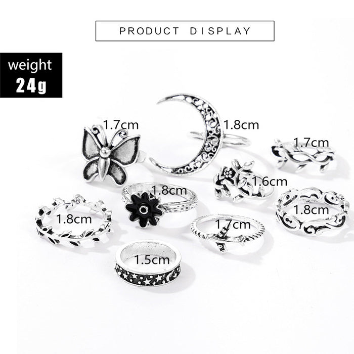 Retro airplane flower leaf moon butterfly ring 9-piece set