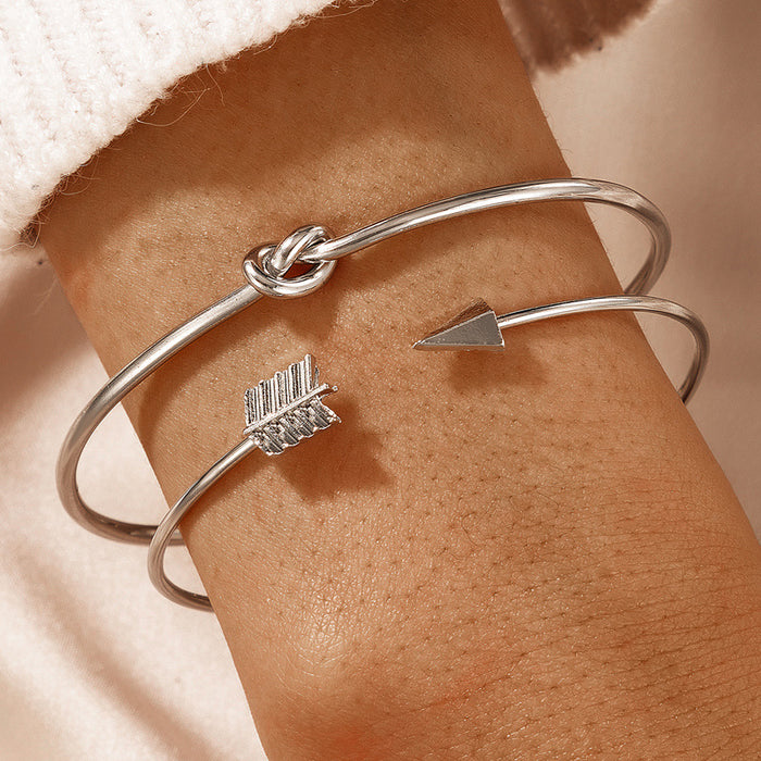 Knotted Arrow Bracelet Set - Two-Piece Silver Triangle Jewelry