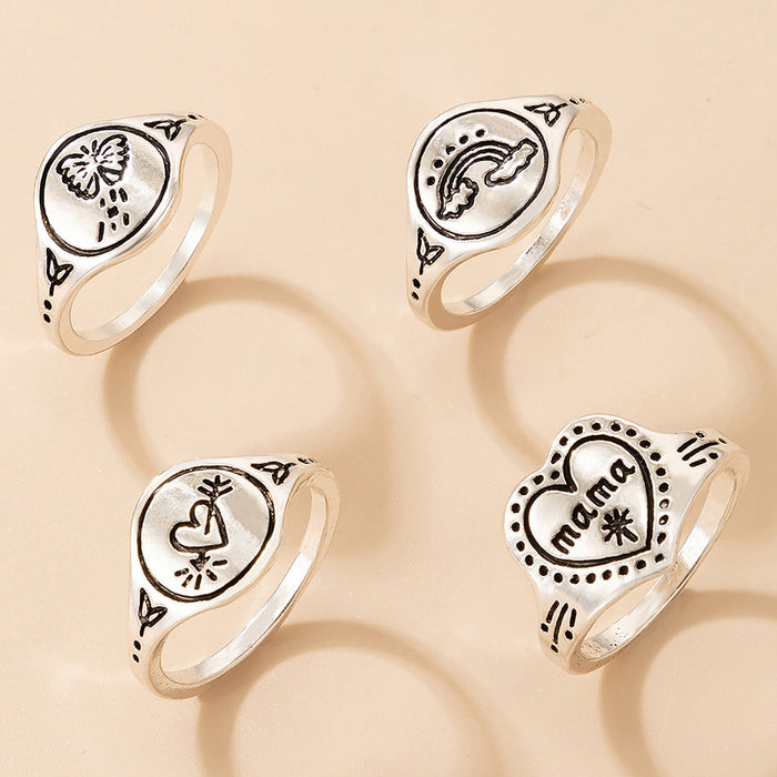 Vintage Alphabet Rainbow Butterfly Ring 4-Piece Set