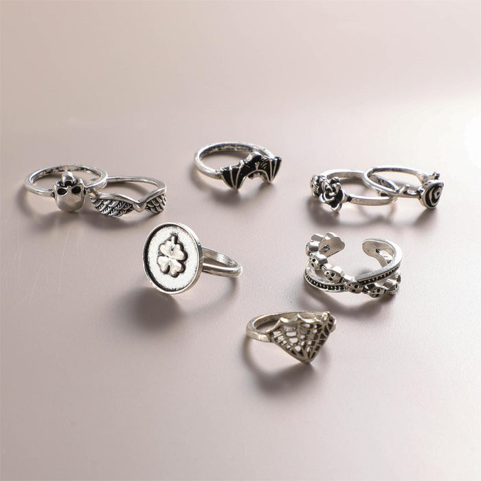 Vintage Spider Web & Skull Ring Set – Punk Style Bat Rose Geometric Rings, 8-Piece Collection