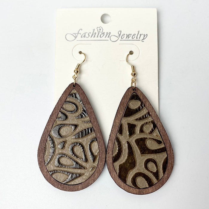 Vintage Floral Print Cowhide Earrings with Cross and Geometric Teardrop Wood Elements - wallojewerly 