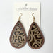 Vintage Floral Print Cowhide Earrings with Cross and Geometric Teardrop Wood Elements - wallojewerly 