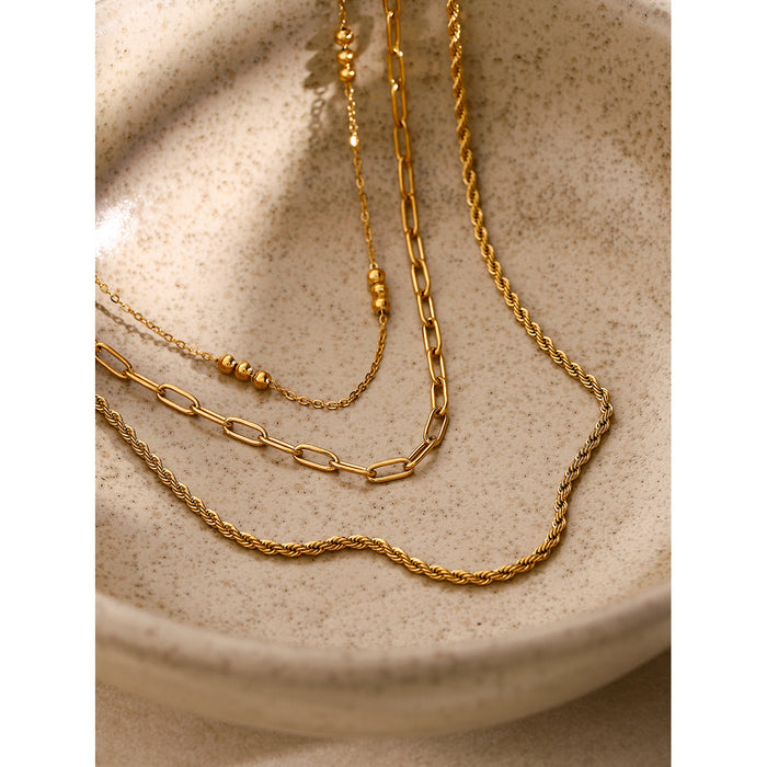 18K Gold-Plated Stainless Steel Triple Strand Bead Twist Necklace - INS-Style Beach Jewelry for Women