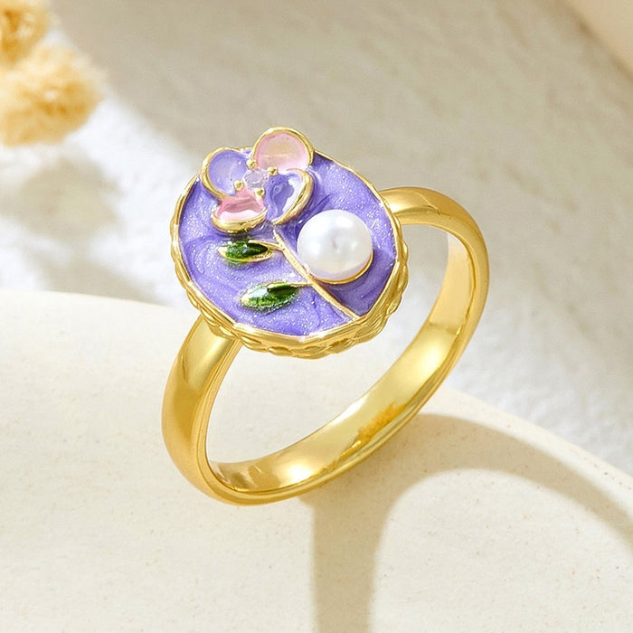 Wholesale copper micro-inlaid enamel painted drip flower open ring