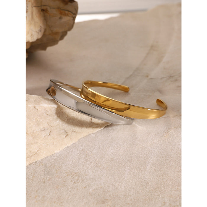 18K Gold Plated Stainless Steel Concave Smooth Open Cuff Bracelet - Minimalist Design Jewelry