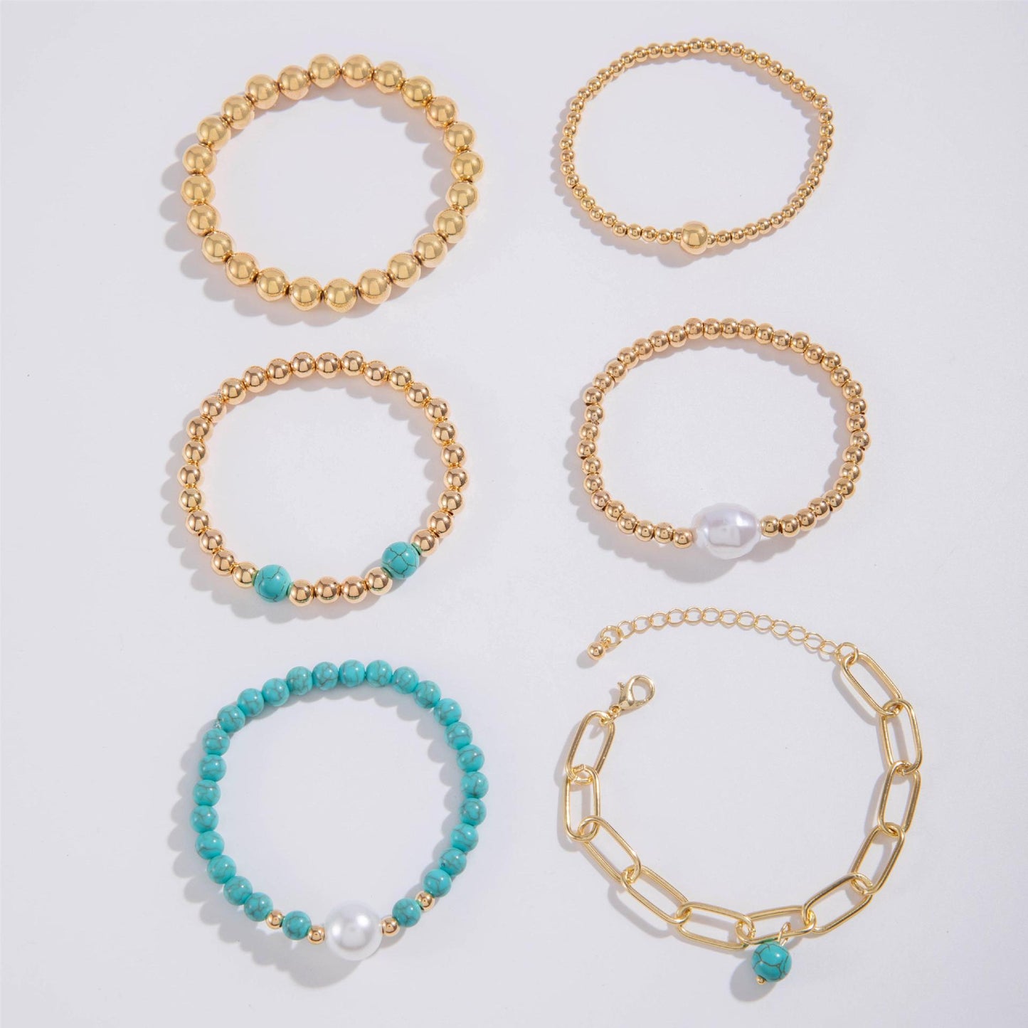 Turquoise Bead Bracelet Set with Bohemian Multilayer Design - Six Pieces