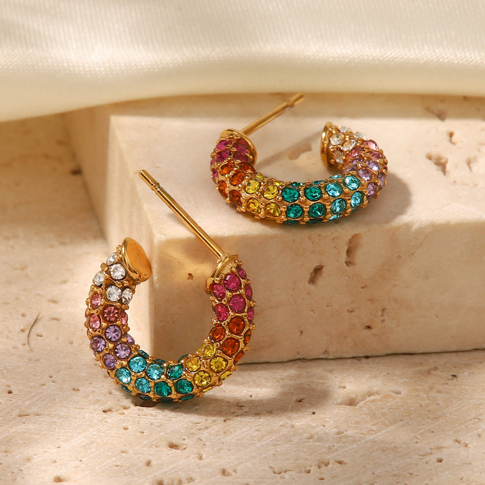 French Style New 18K Gold Plated Stainless Steel Earrings - Colorful Zircon Inlaid Hoop Jewelry for Women