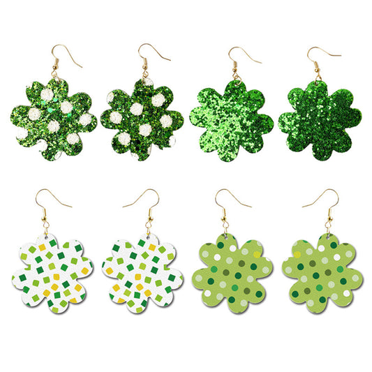 St. Patrick's Day Glitter Earrings with Green Polka Dot and Leather Flower