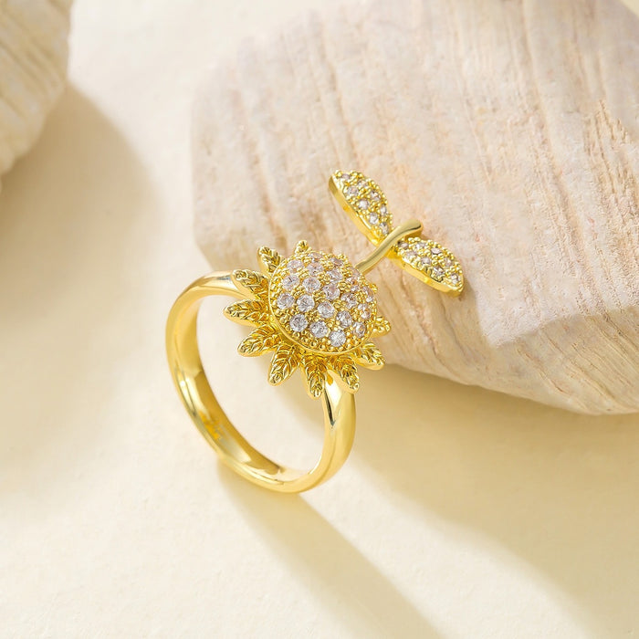 Wholesale copper micro-painted zircon full diamond sunflower rotating open ring