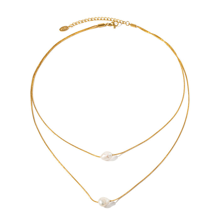 18K Gold-Plated Stainless Steel Pearl Necklace - Trendy Design with Freshwater Pearls and Non-Fading Chain