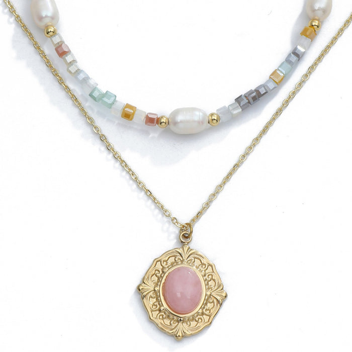 Collar de cuentas de piedra natural rosa: joyería elegante y de alta gama para mujeres