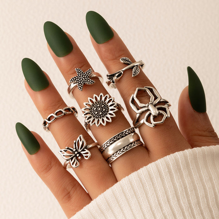 Vintage jewelry sunflower spider ring, star butterfly geometric seven-piece set